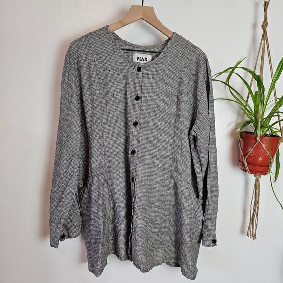 Flax Linen Button Front Top Shirt L Black White Crosshatch Check Long‎ Sleeve - Picture 1 of 7